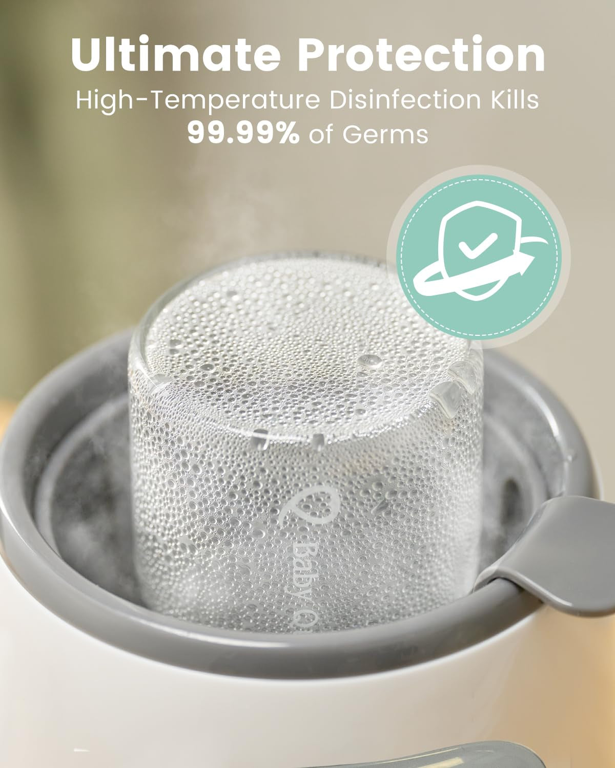Parent's Choice Bottle Warmer with Timer with ultimate protection. High-temperature disinfection kills 99.99% of germs.