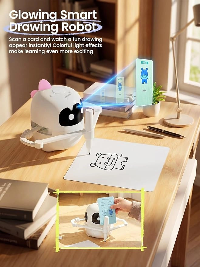 Grownsy Smart Drawing Robot for Kids, Light & Voice Guidance Education Toy with Scan, Doodle Bot with 150 Word Cards & 12 Color Pens, Montessori Painting Learning Toys for Kids Ages 3–8, Birthday Gift