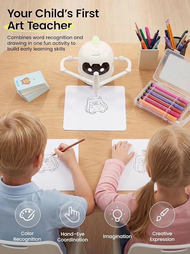 Grownsy Smart Drawing Robot for Kids, Light & Voice Guidance Education Toy with Scan, Doodle Bot with 150 Word Cards & 12 Color Pens, Montessori Painting Learning Toys for Kids Ages 3–8, Birthday Gift