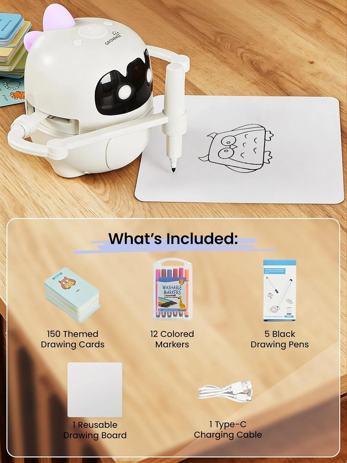 Grownsy Smart Drawing Robot for Kids, Light & Voice Guidance Education Toy with Scan, Doodle Bot with 150 Word Cards & 12 Color Pens, Montessori Painting Learning Toys for Kids Ages 3–8, Birthday Gift