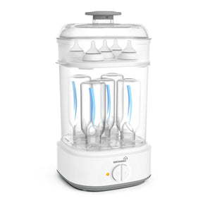 Electric baby bottle sterilizer with stacked clear bins holding baby bottles and pacifiers, grey lid, product capacity shown.