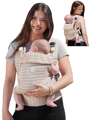 Beige breathable mesh baby carrier with patterned texture, shown on a smiling woman holding a baby. Includes inset back view.