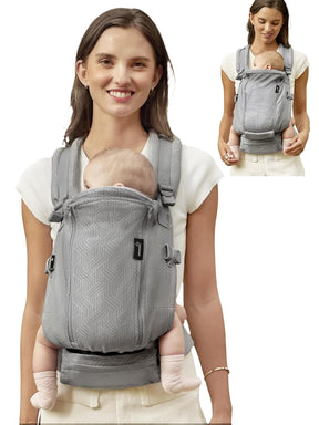 Woman wearing gray ergonomic baby carrier with baby inside for newborn to toddler.