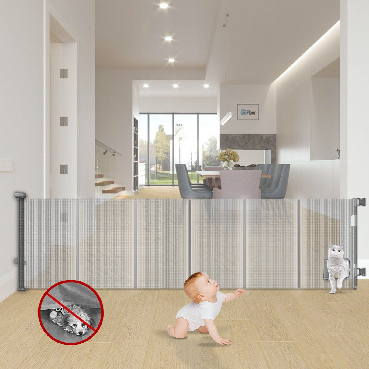 Retractable Baby Gate with Cat Door, 33" Tall, 100-140" Wide