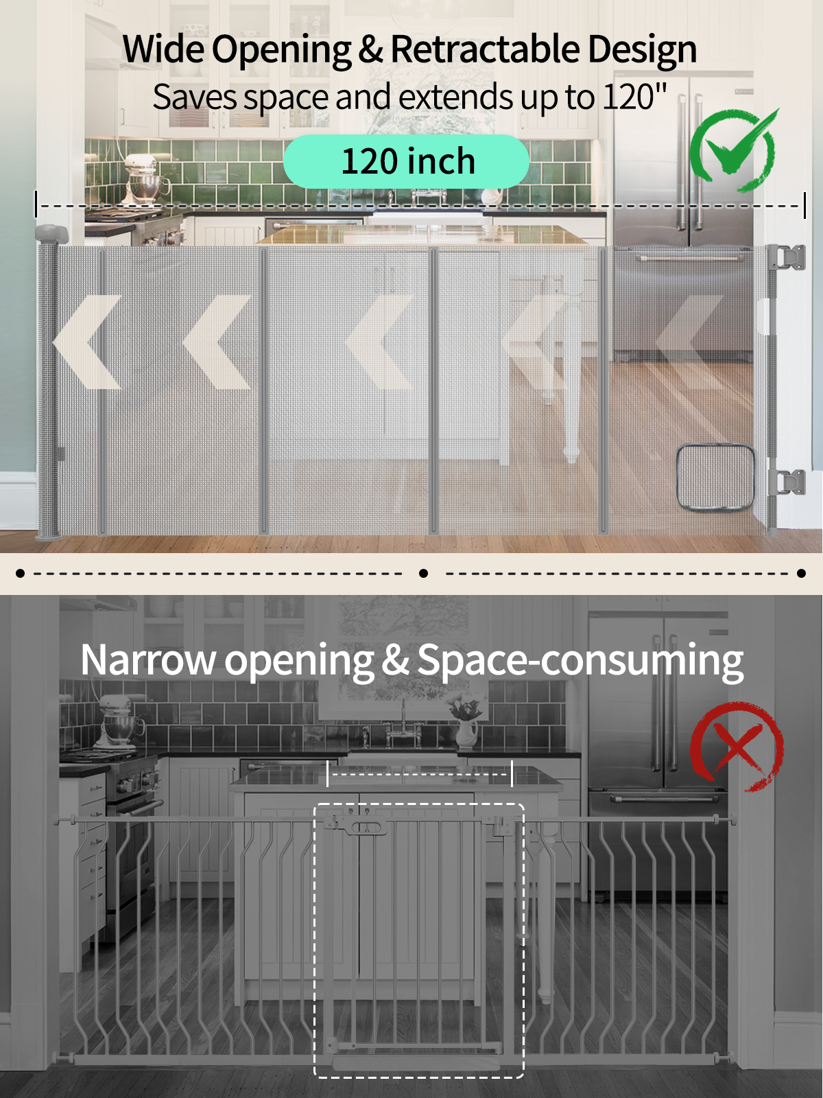 Retractable Baby Gate with Cat Door, 33" Tall, 100-140" Wide