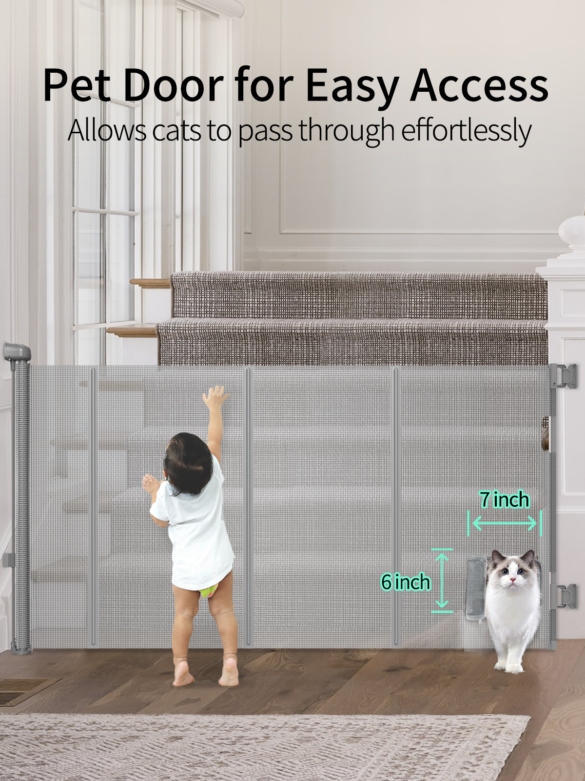 Retractable Baby Gate with Cat Door, 33" Tall, 100-140" Wide