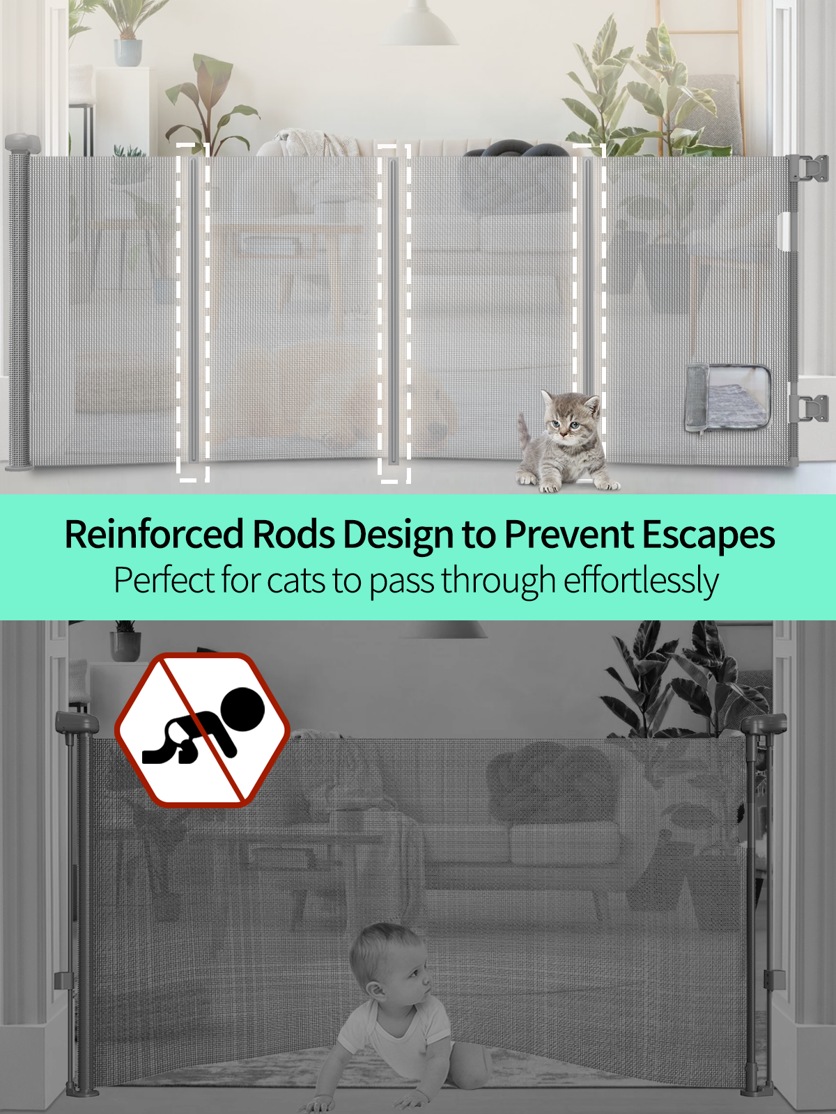 Retractable Baby Gate with Cat Door, 33" Tall, 100-140" Wide