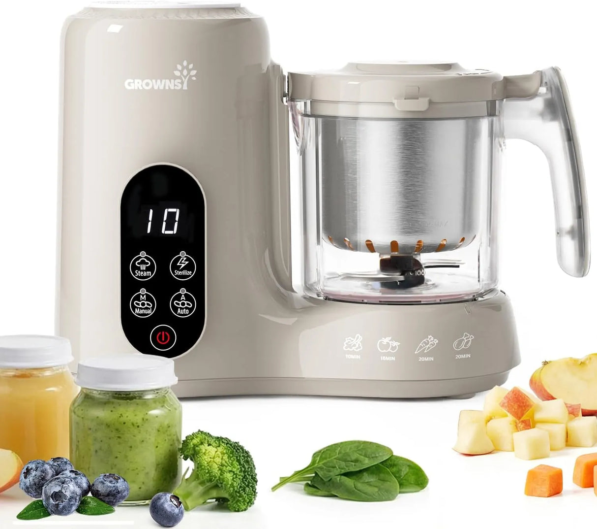 Grownsy Baby Food Maker with Stainless Steel Steam Basket,Steamer & Blender | Baby Food Processor, Healthy Homemade Baby Food Purees, Starting Solids & BLW, Baby Feeding Essentials, 6+ Months