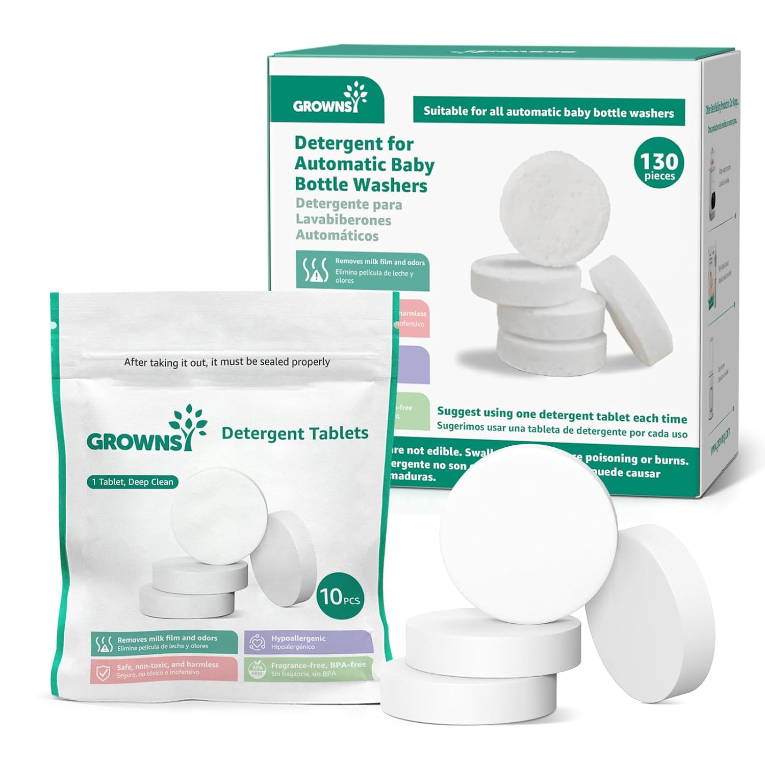 GROWNSY detergent tablets for baby bottle washers, 130 pieces. Removes milk film & odors. Includes packaging and tablets.