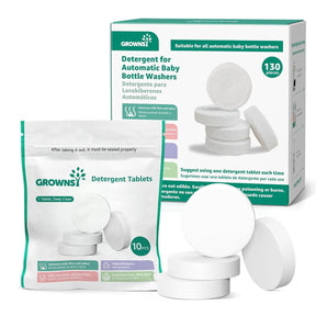 GROWNSY detergent tablets for baby bottle washers, 130 pieces. Removes milk film & odors. Includes packaging and tablets.