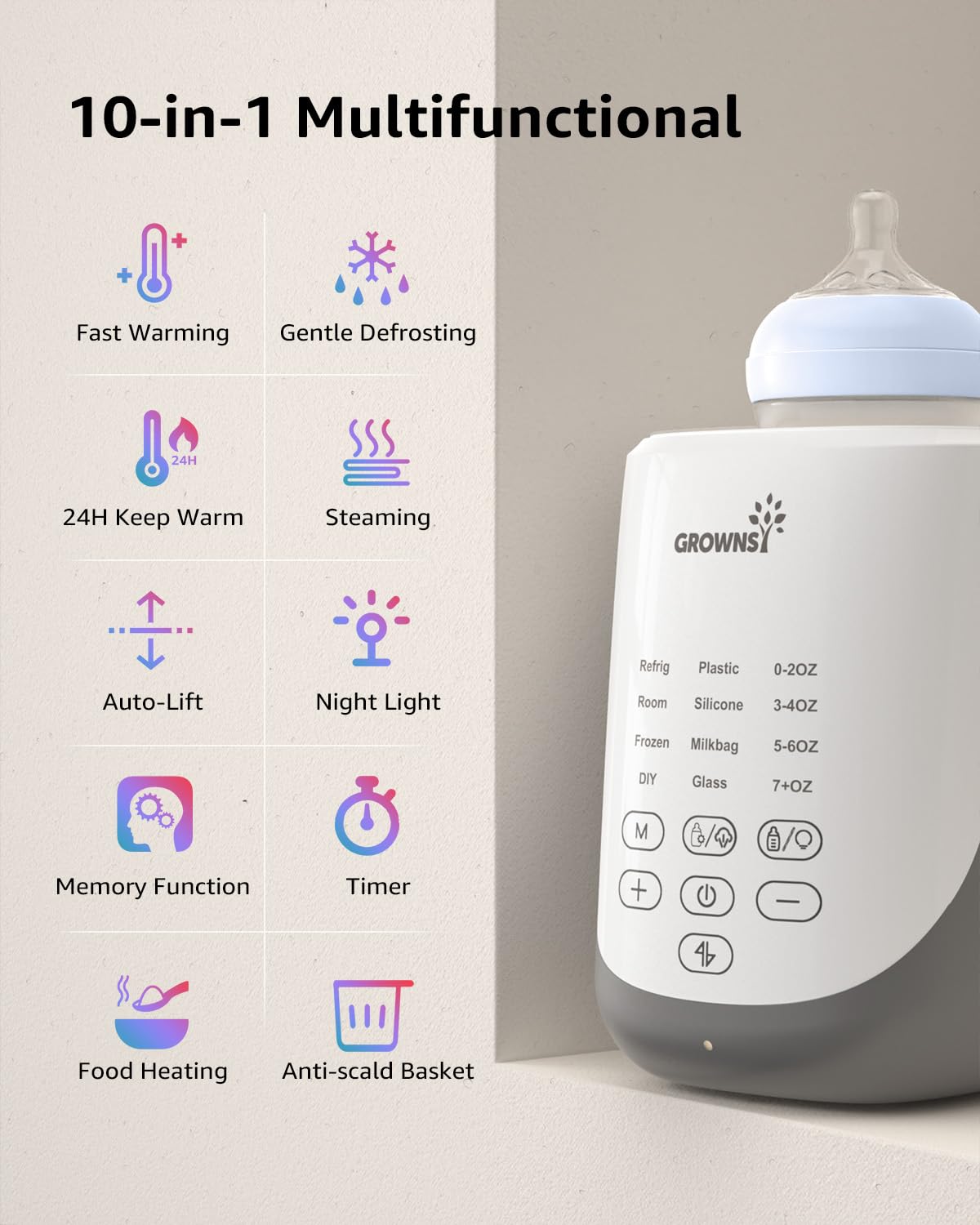Grownsy 10-in-1 bottle warmer: fast, defrost, 24h, steam, auto-lift, night, timer, food, memory, anti-scald.