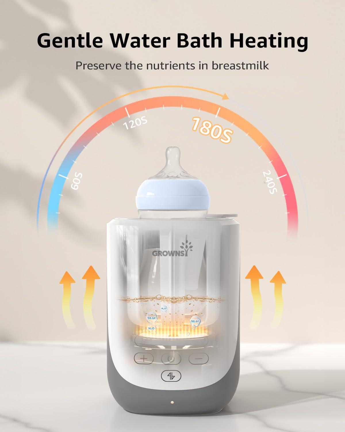 Grownsy 10-in-1 baby bottle warmer showcasing gentle water bath heating to preserve nutrients, with timer arc graphic.