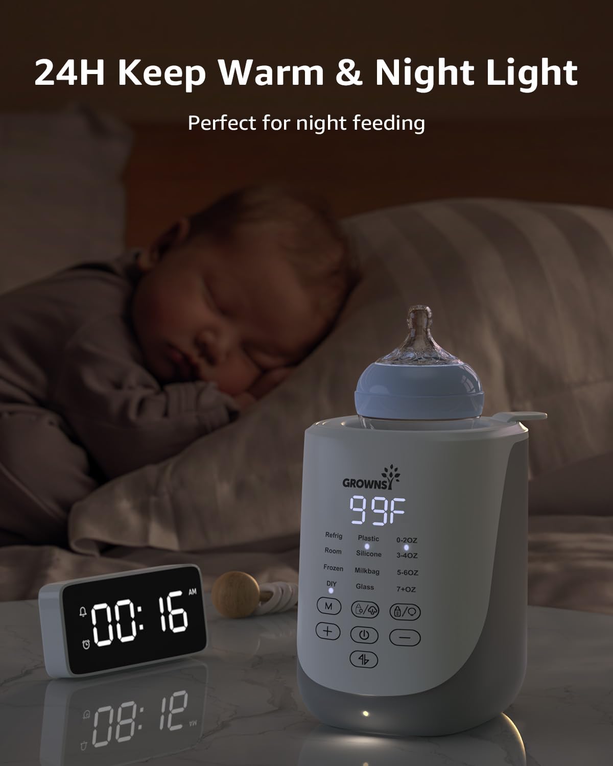 Grownsy 10-in-1 baby bottle warmer, white & gray, with 24H keep warm & night light feature, ideal for night feedings.