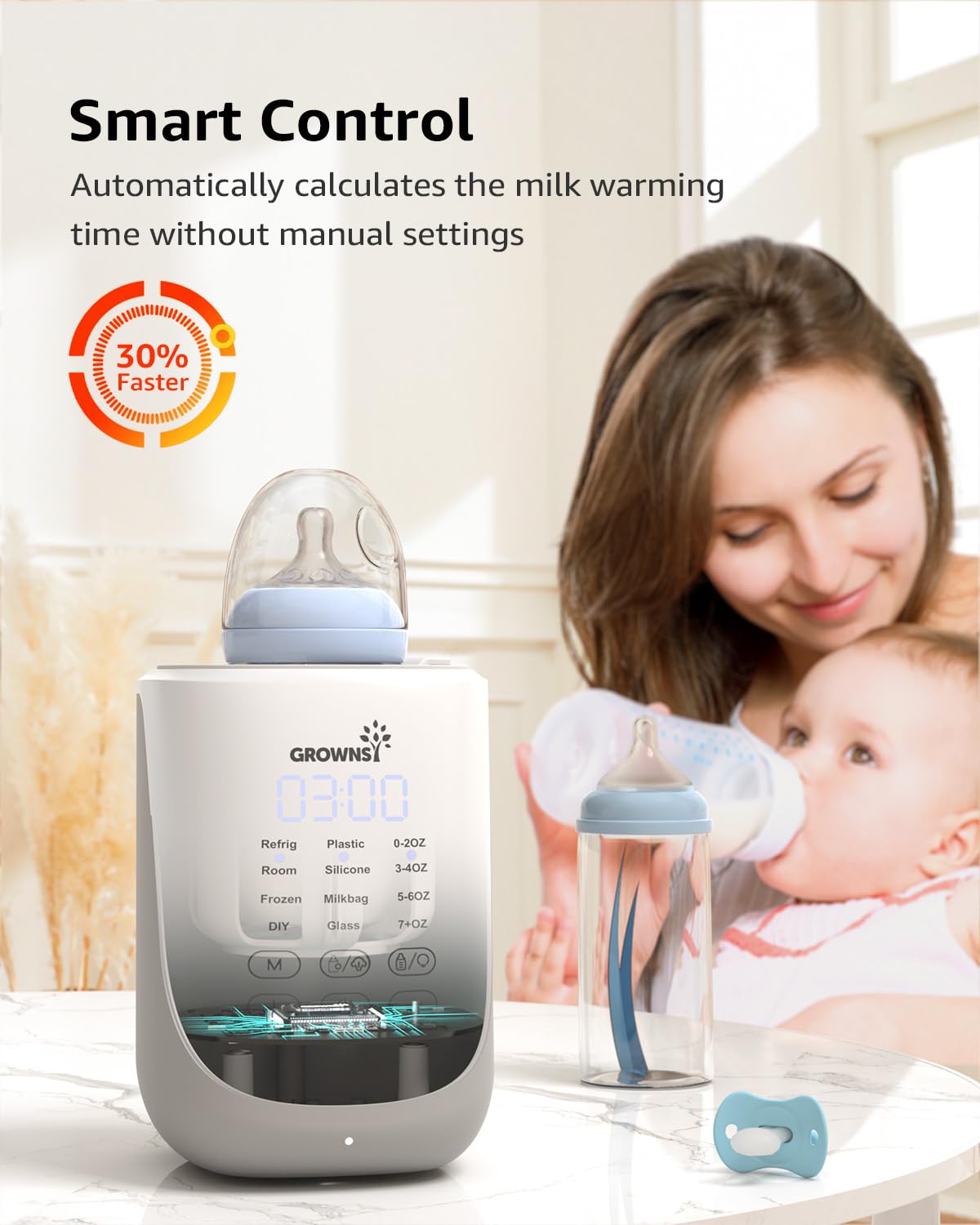 Grownsy 10-in-1 Baby Bottle Warmer: Smart Control, 30% faster heating, timer at 03:00. Mother feeds baby.