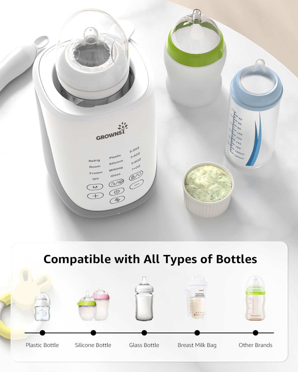 Grownsy 10-in-1 bottle warmer: shows functions & compatibility with all bottle types.