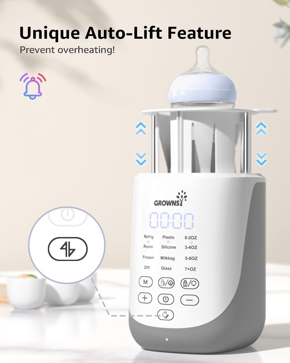 Grownsy 10-in-1 baby bottle warmer in white and gray, showcasing the unique auto-lift feature to prevent overheating.
