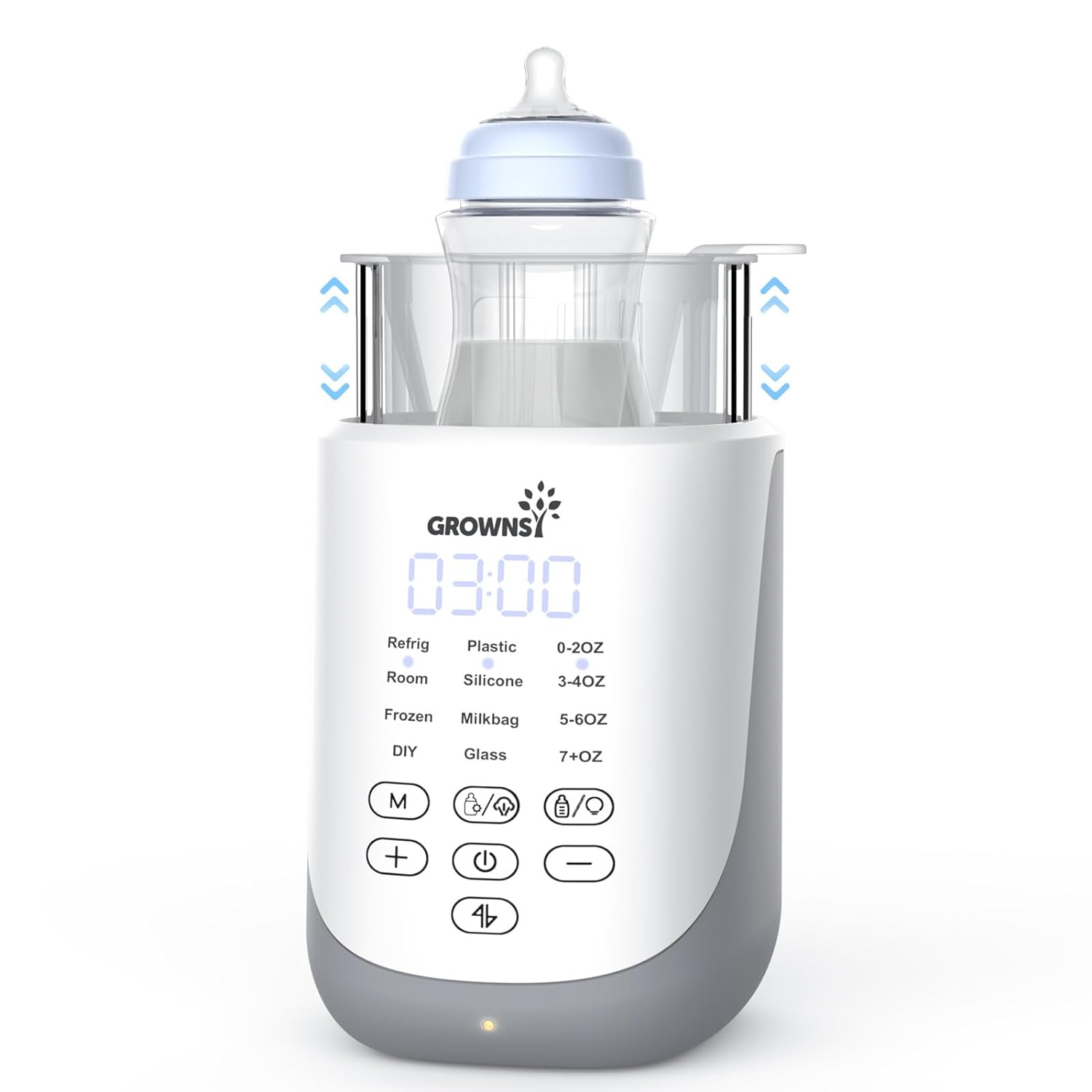 Grownsy 10-in-1 baby bottle warmer, white & gray, digital display at 03:00, control panel with auto-lift and heating modes.