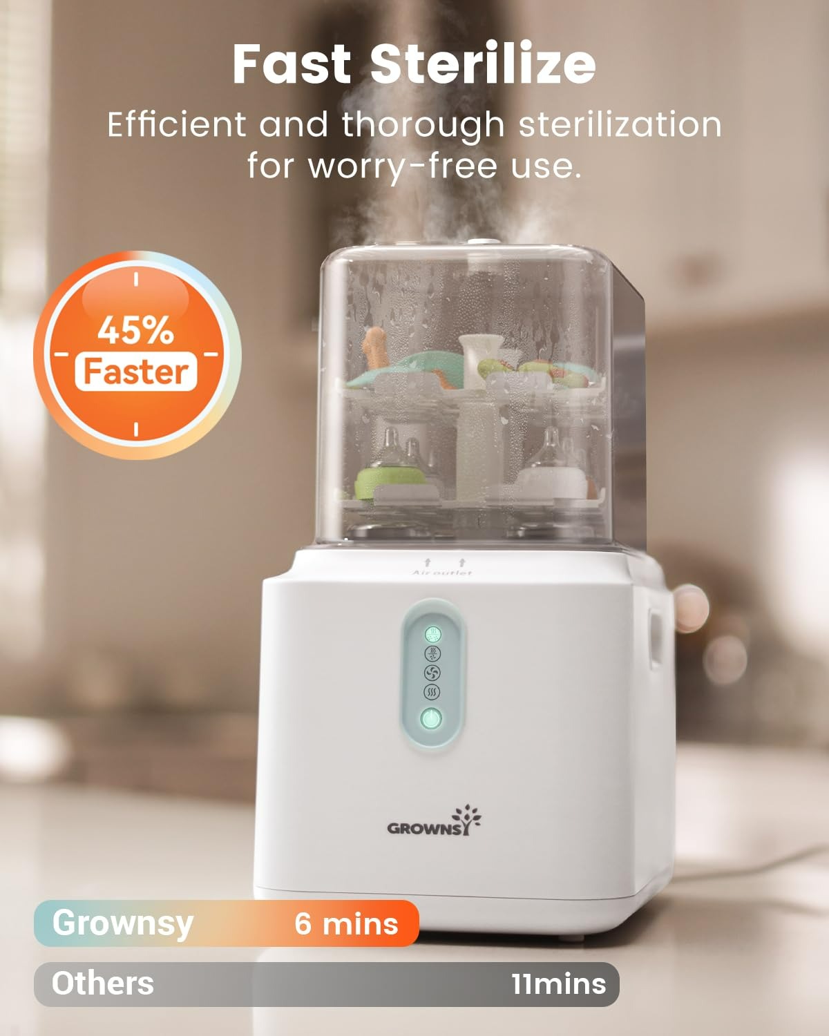 White Grownsy PureSwift sterilizer steaming baby bottles and utensils, 45% faster than others.