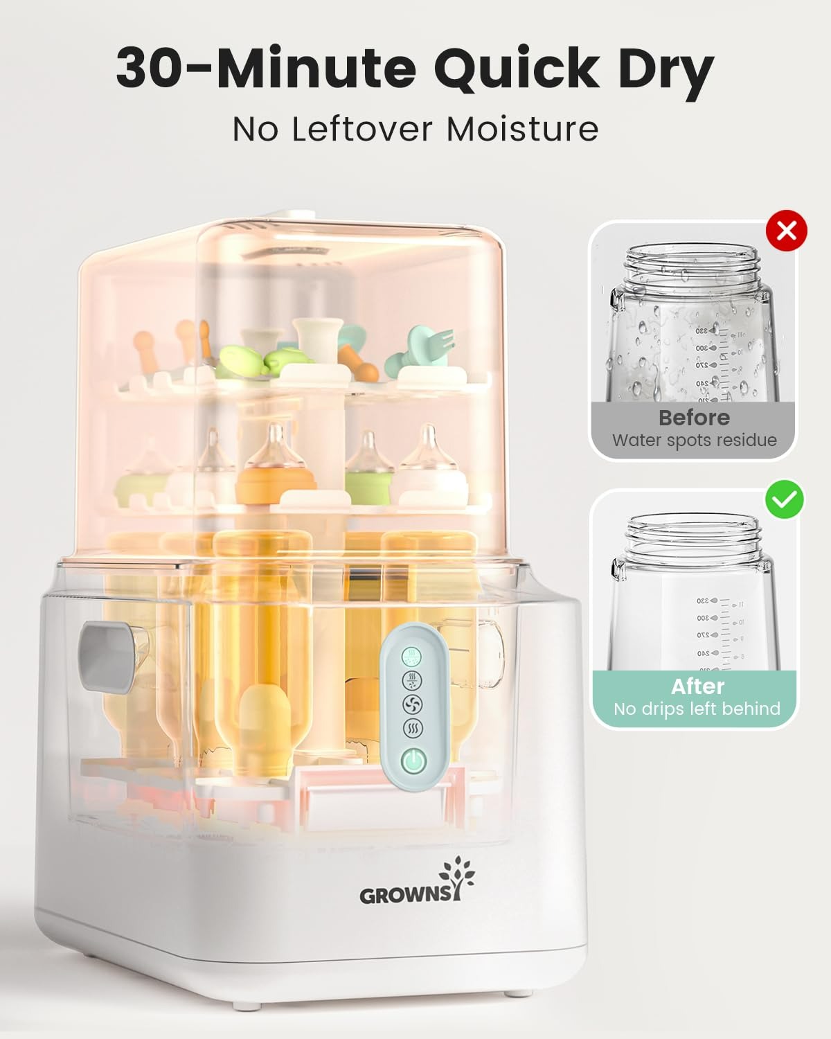 Grownsy PureSwift sterilizer with baby bottles, demonstrating 30-min quick dry, no moisture left.