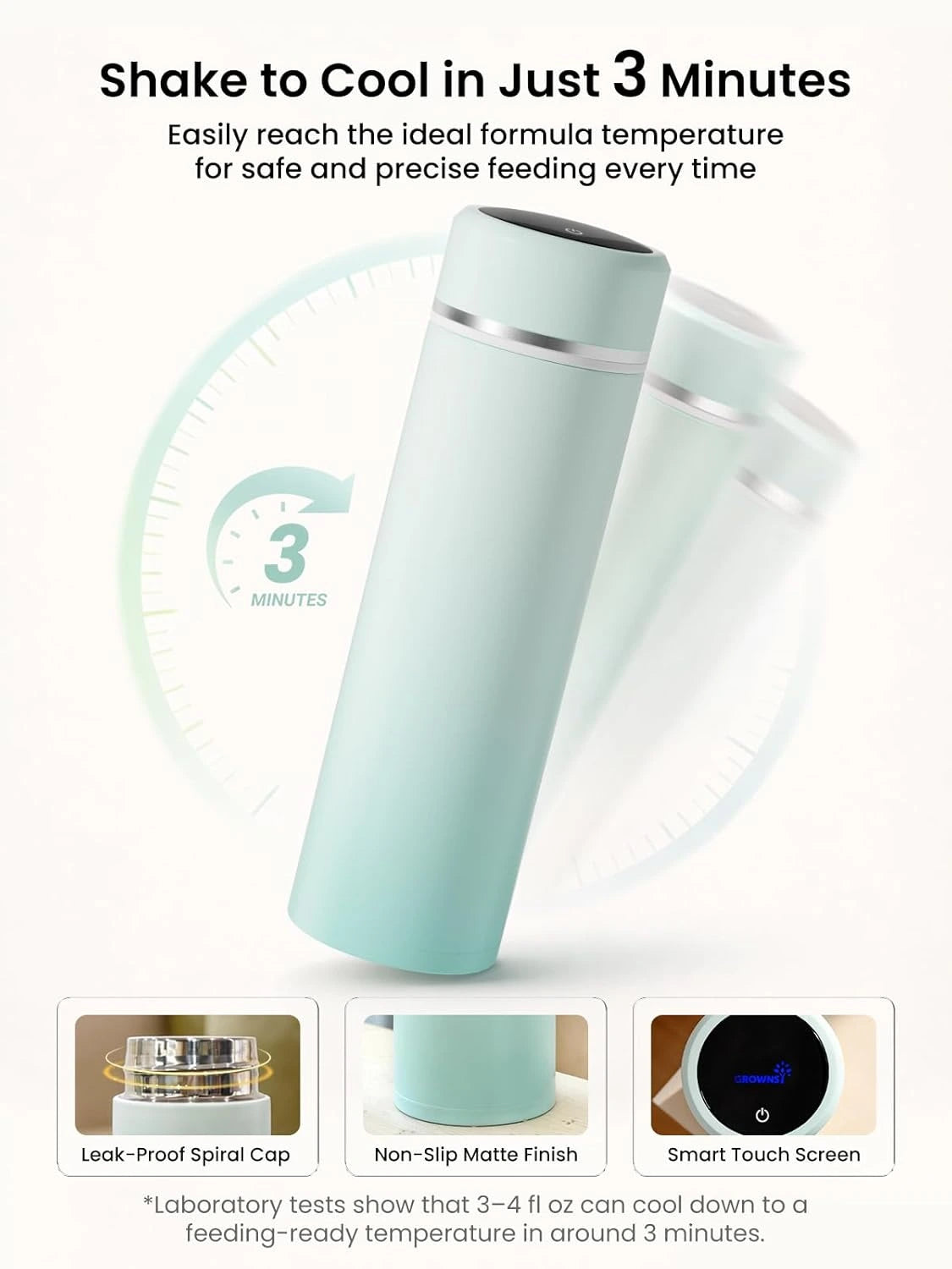 Grownsy Portable Baby Formula Bottle Maker, Rapid Cooling in 3 Min, Pure Physical Cooling, No Power Needed, Smart Color Temp Display, Travel & Night Feeding Essential, Includes Formula Dispenser,Green