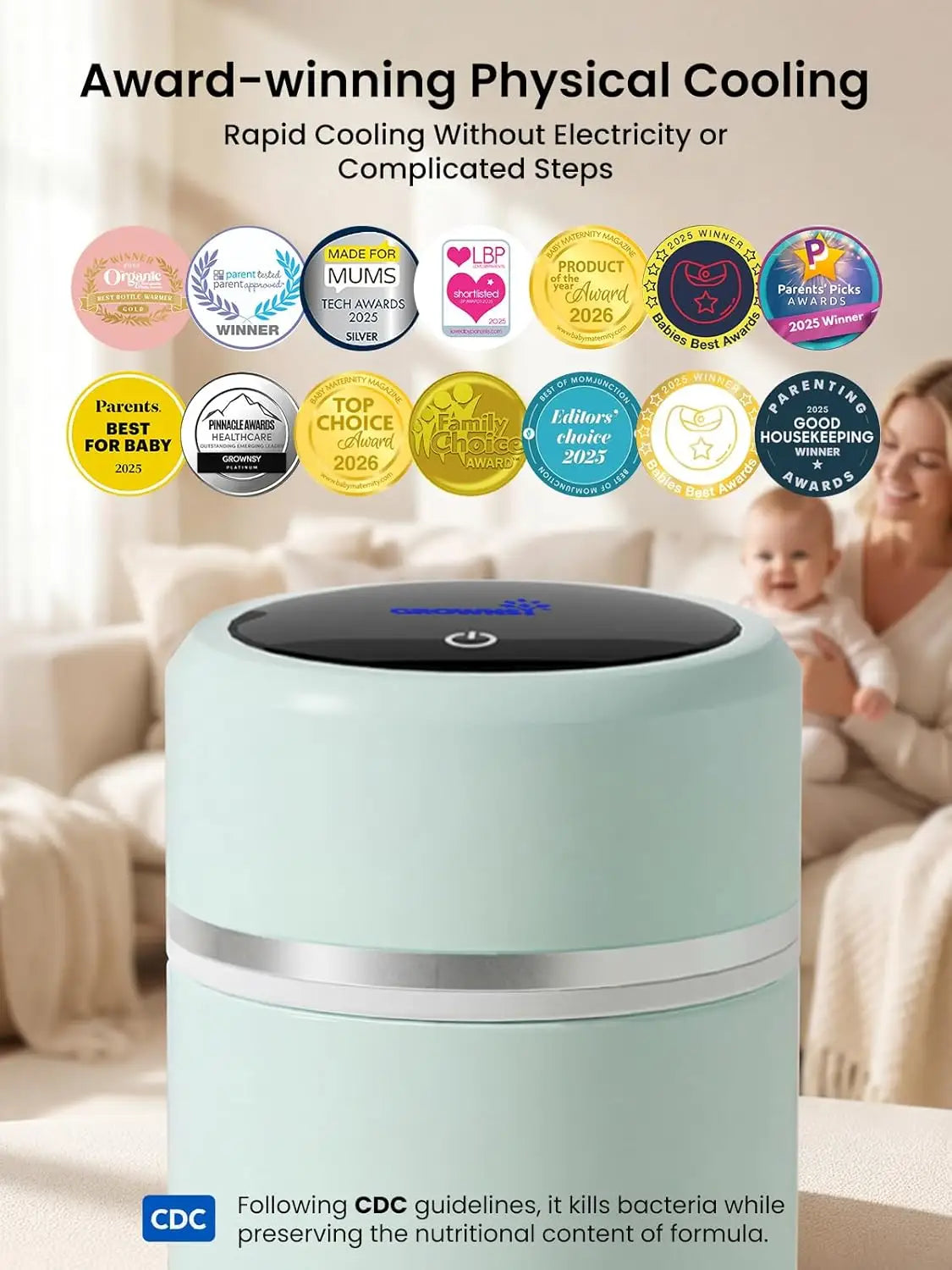 Grownsy Portable Baby Formula Bottle Maker, Rapid Cooling in 3 Min, Pure Physical Cooling, No Power Needed, Smart Color Temp Display, Travel & Night Feeding Essential, Includes Formula Dispenser,Green