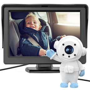 GROWNSY Baby Car Camera with Astronaut Lens monitoring happy baby in car seat, HD display with night vision.