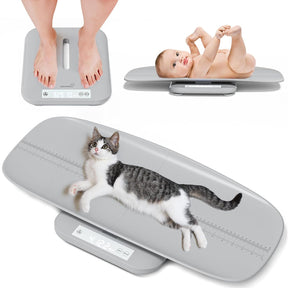 GROWNSY multifunctional scale: baby, cat, and adult feet displayed showing versatility for weighing and measuring growth.