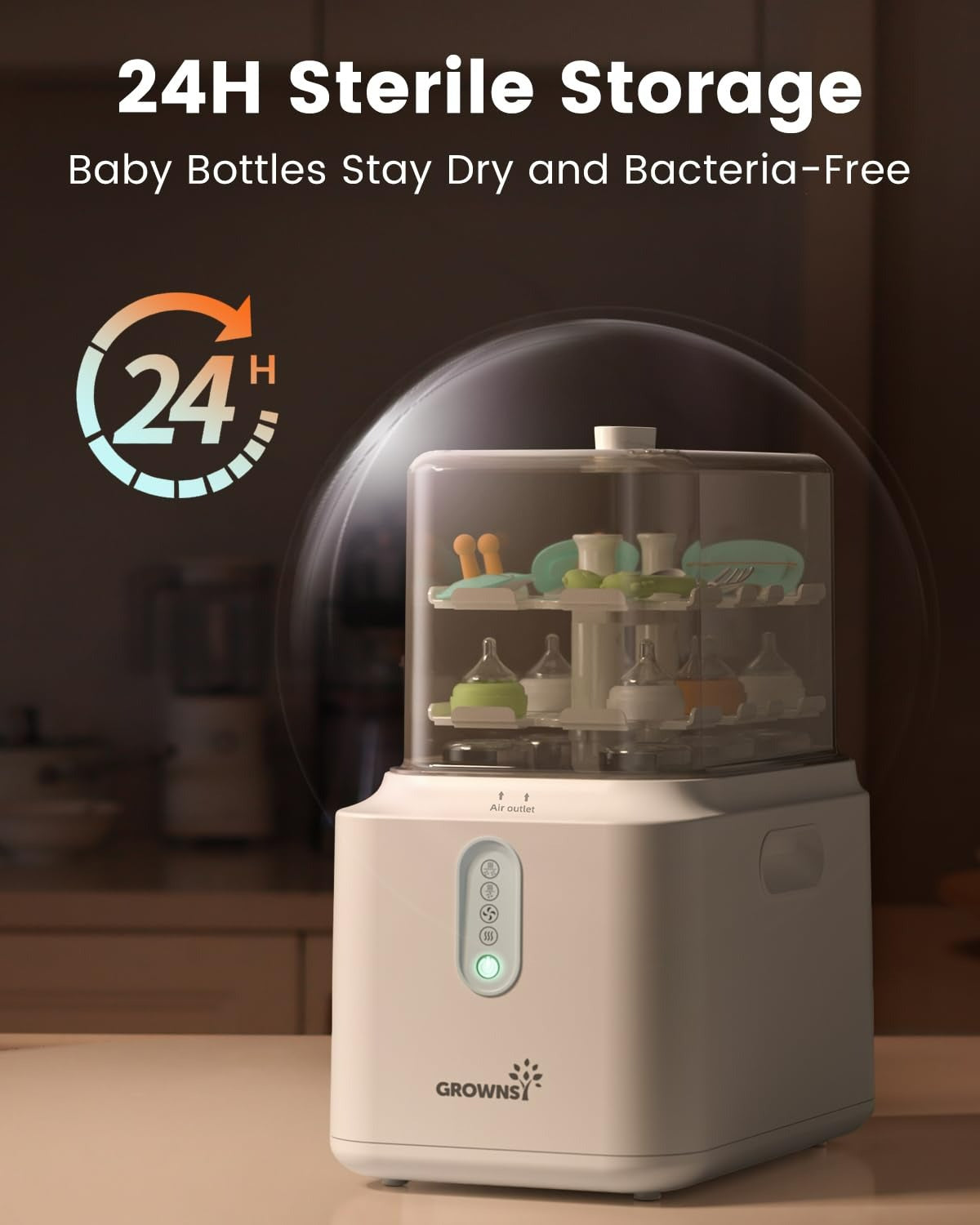 White Grownsy PureSwift sterilizer showcasing 24H sterile storage for baby bottles and accessories on kitchen counter.