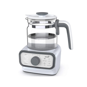 Grownsy white and grey baby instant warmer with glass carafe, LCD display showing set and current temperature.