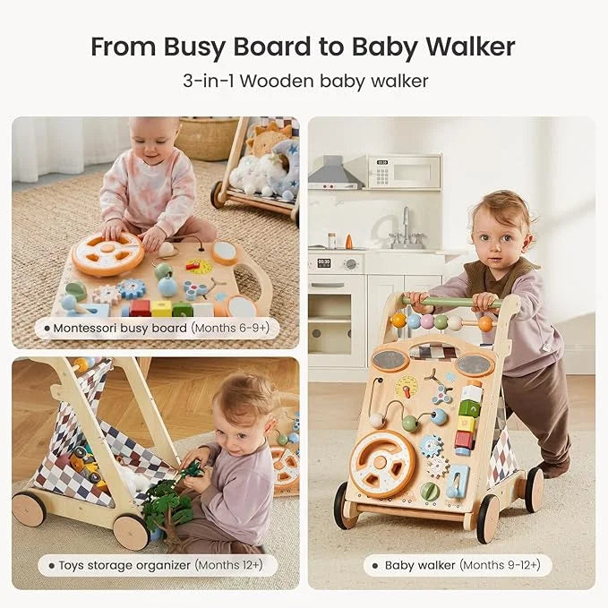 GROWNSY Wooden Baby Walker with Wheels Adjustable Speed, Baby Push Walker with Detachable Busy Board 7 Different Montessori Toys, Baby Gifts & New Parents Gifts for Boys & Girls (Wood Color)