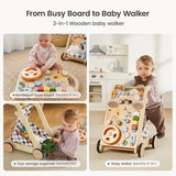 GROWNSY Wooden Baby Walker with Wheels Adjustable Speed, Baby Push Walker with Detachable Busy Board 7 Different Montessori Toys, Baby Gifts & New Parents Gifts for Boys & Girls (Wood Color)