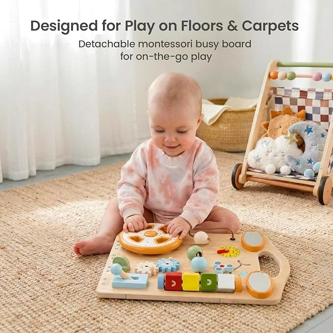 GROWNSY Wooden Baby Walker with Wheels Adjustable Speed, Baby Push Walker with Detachable Busy Board 7 Different Montessori Toys, Baby Gifts & New Parents Gifts for Boys & Girls (Wood Color)