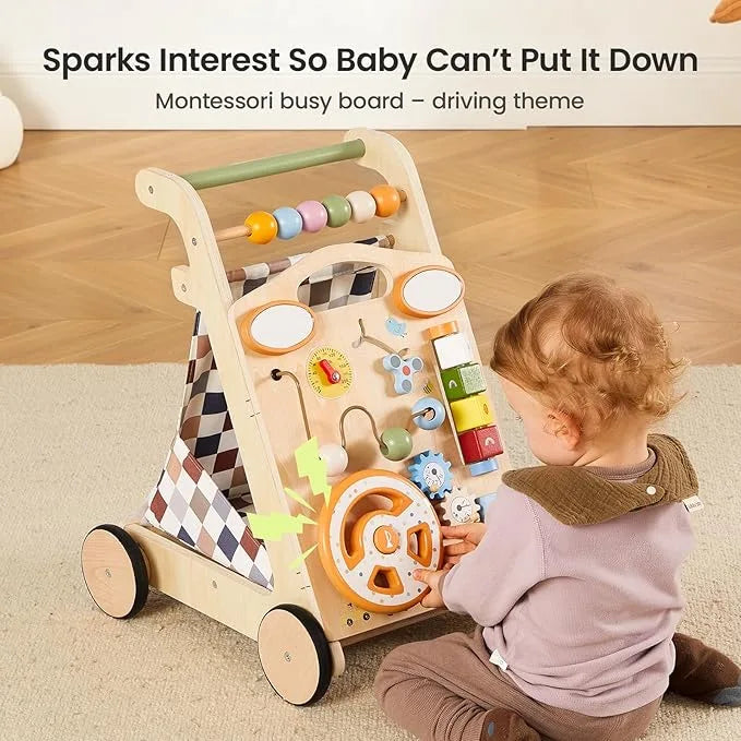 GROWNSY Wooden Baby Walker with Wheels Adjustable Speed, Baby Push Walker with Detachable Busy Board 7 Different Montessori Toys, Baby Gifts & New Parents Gifts for Boys & Girls (Wood Color)