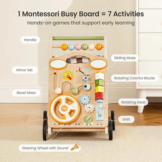 GROWNSY Wooden Baby Walker with Wheels Adjustable Speed, Baby Push Walker with Detachable Busy Board 7 Different Montessori Toys, Baby Gifts & New Parents Gifts for Boys & Girls (Wood Color)