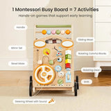 GROWNSY Wooden Baby Walker with Wheels Adjustable Speed, Baby Push Walker with Detachable Busy Board 7 Different Montessori Toys, Baby Gifts & New Parents Gifts for Boys & Girls (Wood Color)