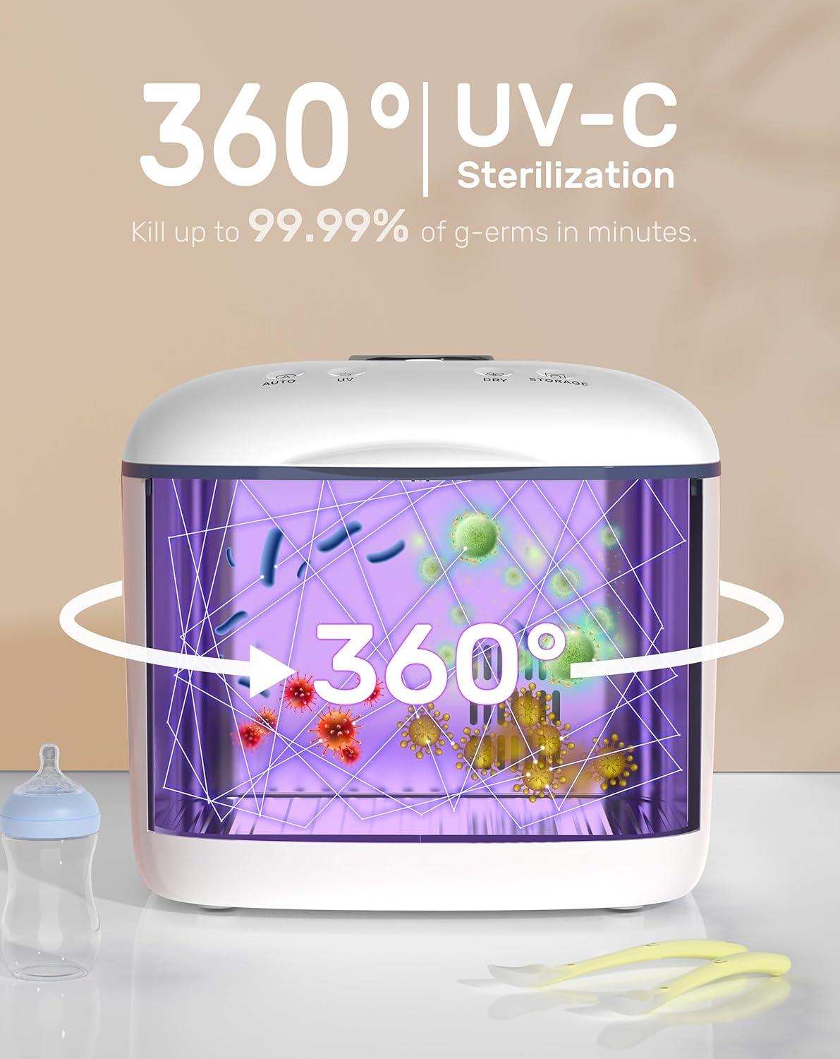 PureRay UV Sanitizer with 360° UV-C sterilization graphic killing germs, includes baby bottle and spoons on counter.