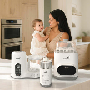 Grownsy baby feeding kit with food maker, bottle warmer, and sterilizer shown with mother and baby.