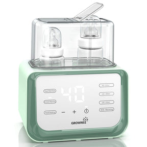 Green 8-in-1 baby bottle warmer with dual capacity showing '40' degrees on digital display.